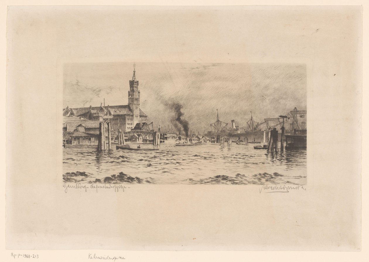 Utsikt över Kehrwiederspitze och en kyrka, i Hamburg av Unknown