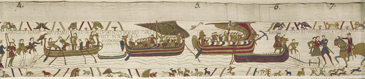 Harold korsar kanalen till Guy, greve av Ponthieu, där han fångas, Bayeux Tapestry (ullbroderi på linne) av Unknown