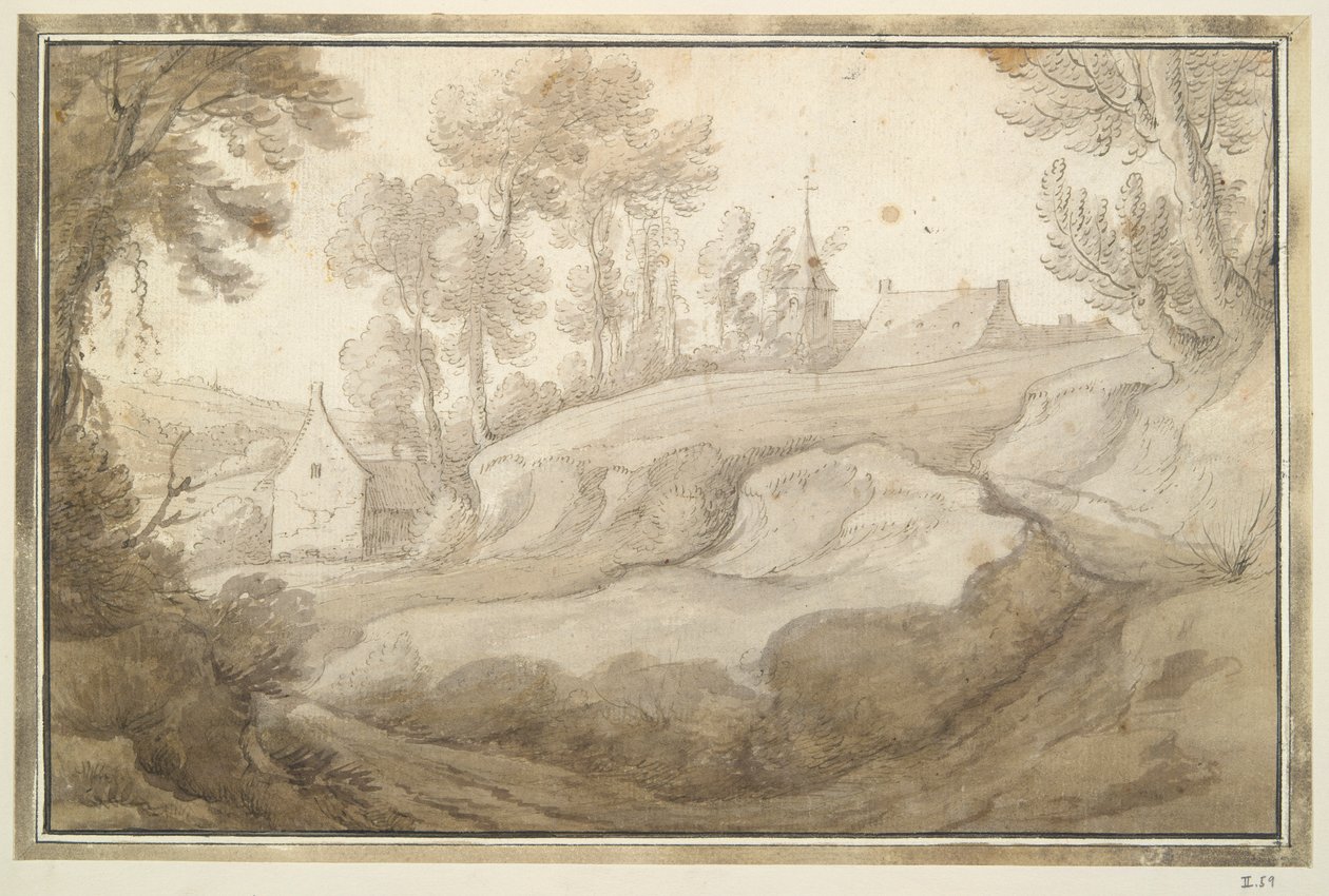 Kuperat landskap med hus och kyrka på medelavstånd av Unknown