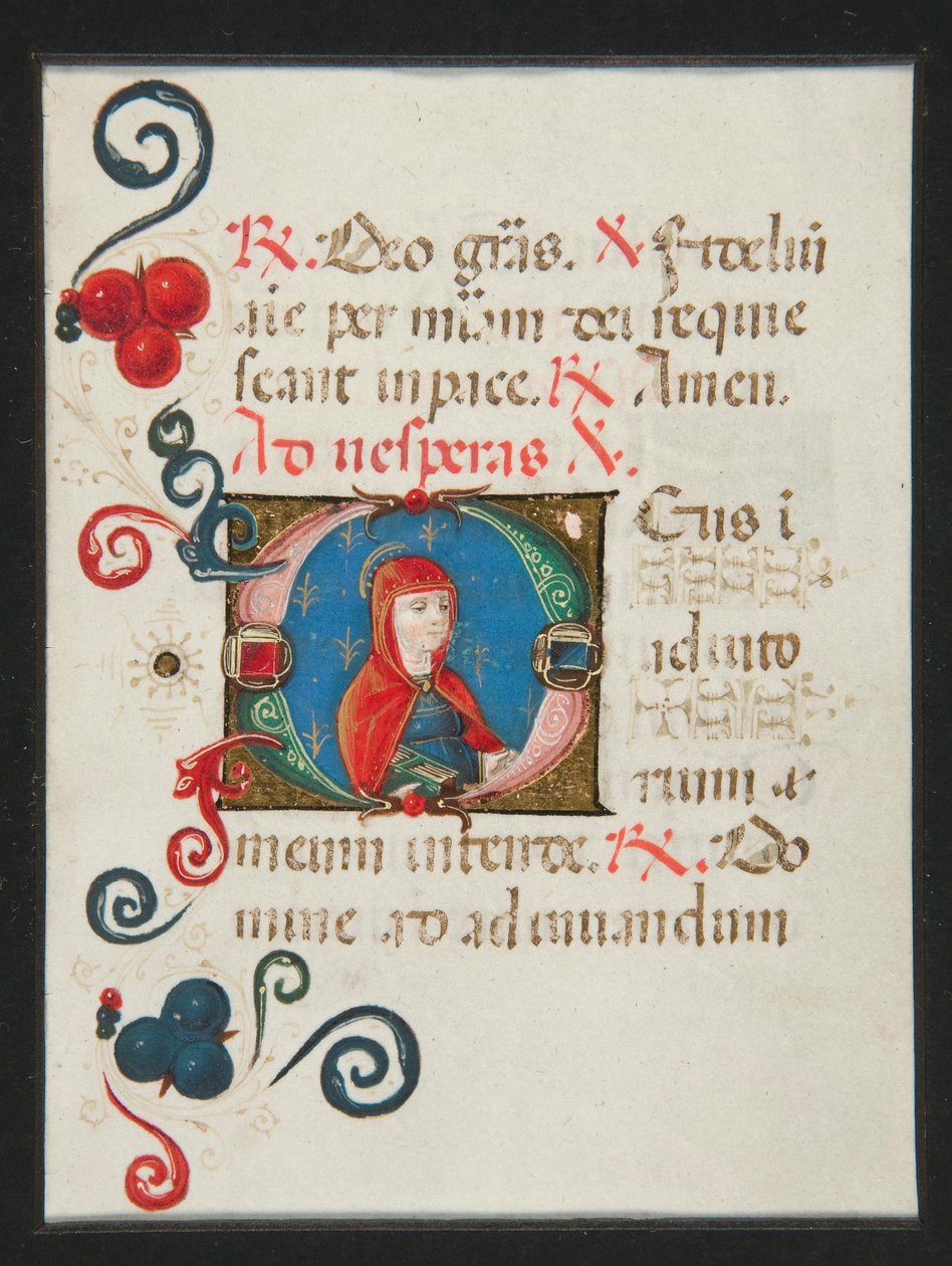 Initial O, belyst manuskriptsida från en timbok av Unknown