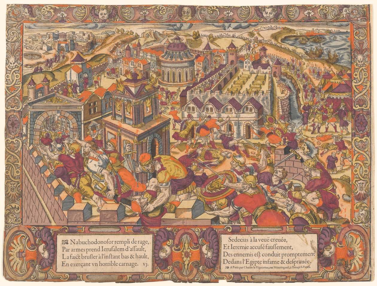 Jerusalem est pris & brulee, le Roy Sedecias a les yeux crevez. Et Jeremie est mene en Babilone. (Jerusalem intas och bränns upp; kung Seleucis får sina ögon utskurna. Och Jeremia förs till Babylon. Jeremia 39-43), nr. 6, Berättelsen om Jeremia av Unknown