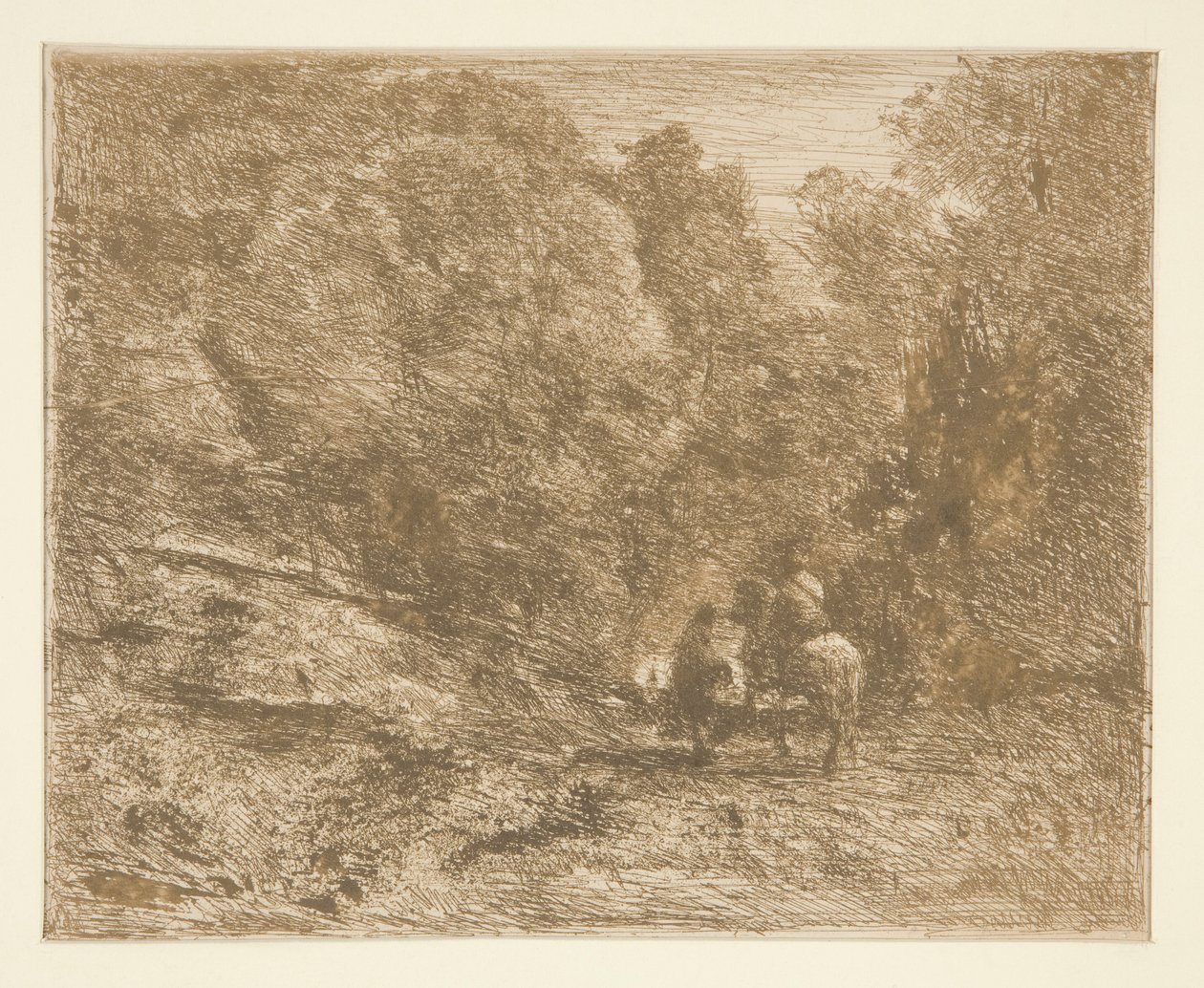 La cavalier en for?t et le pi?ton [Hästare i skogen och resande till fots] av Unknown