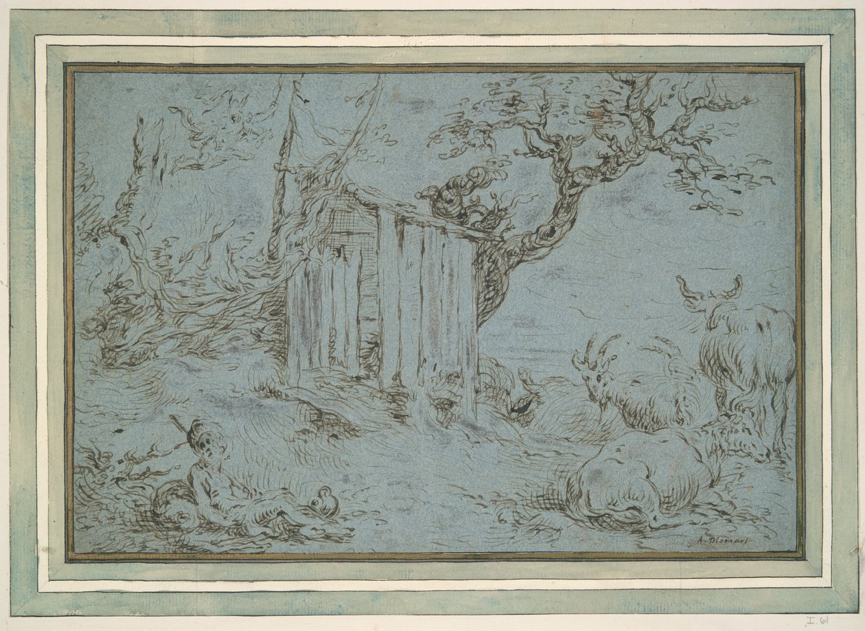 Landskap med Merkurius som närmar sig en herde (recto); Djurhuvud (verso) av Unknown