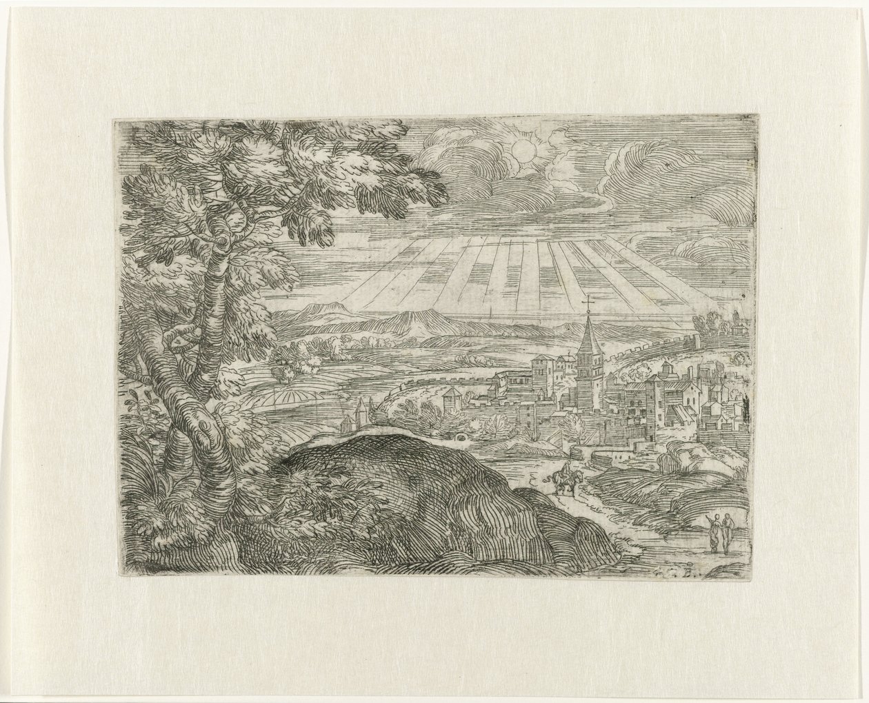 Landskap med stadsutsikt och strålande sol av Unknown