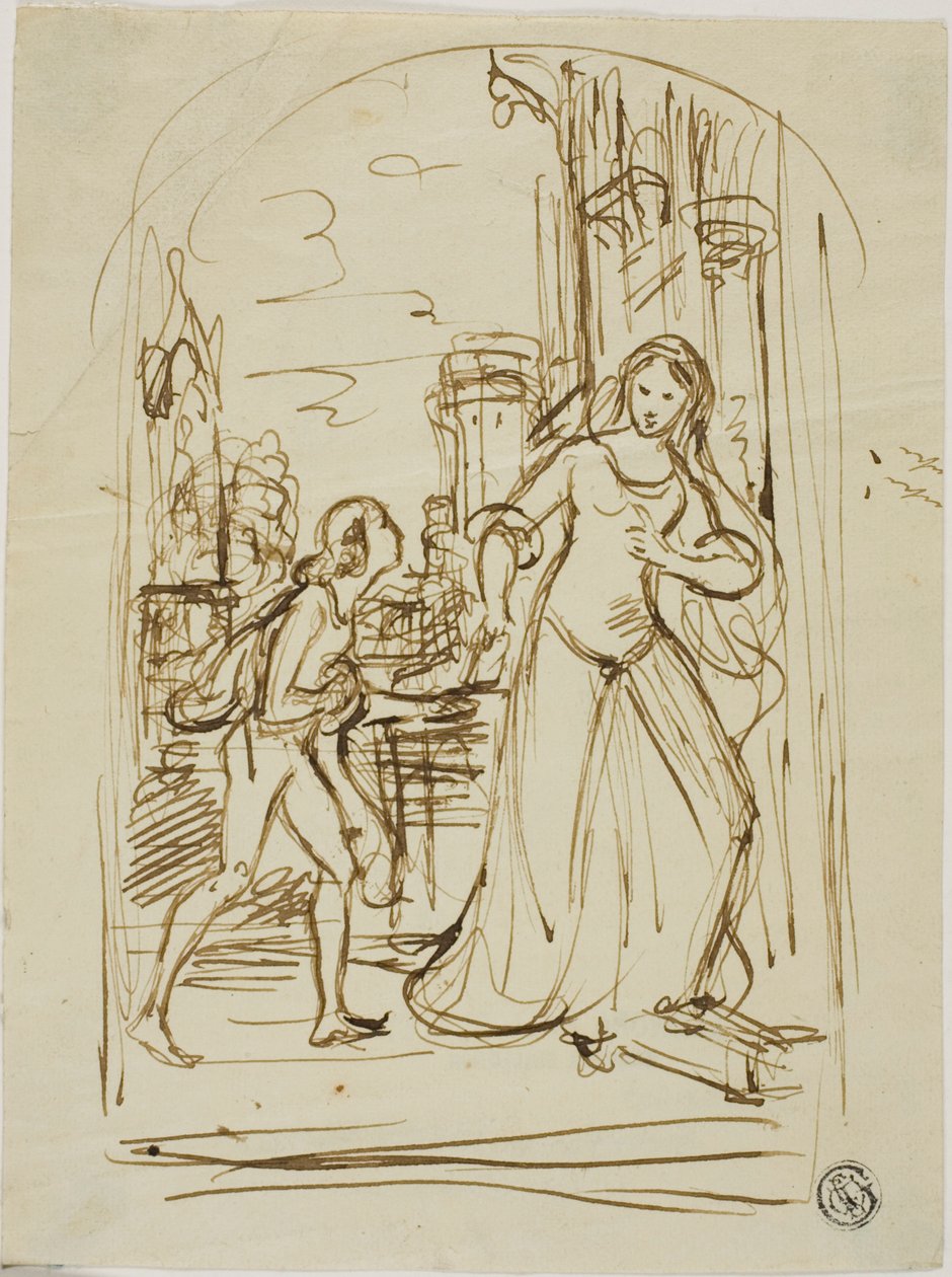Litterär illustration: Medeltida dam med sida (recto); Skisser av figurer (verso) av Unknown