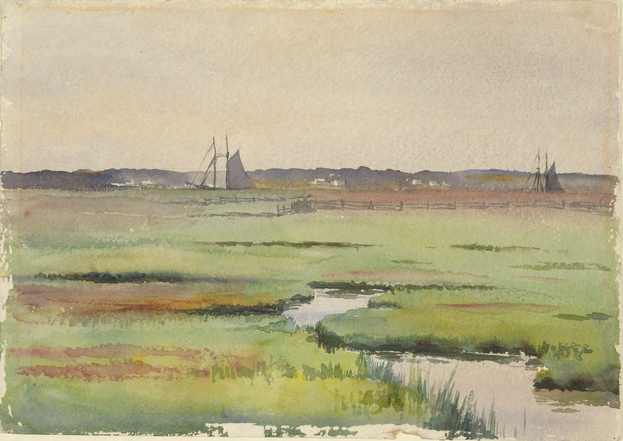 Marshlandskap med båtar av Unknown