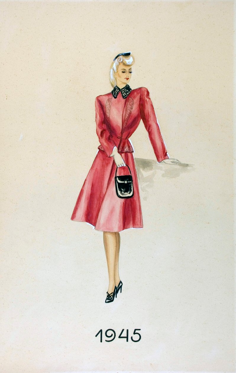 Modell i kostym, med handväska, 1945 av Unknown