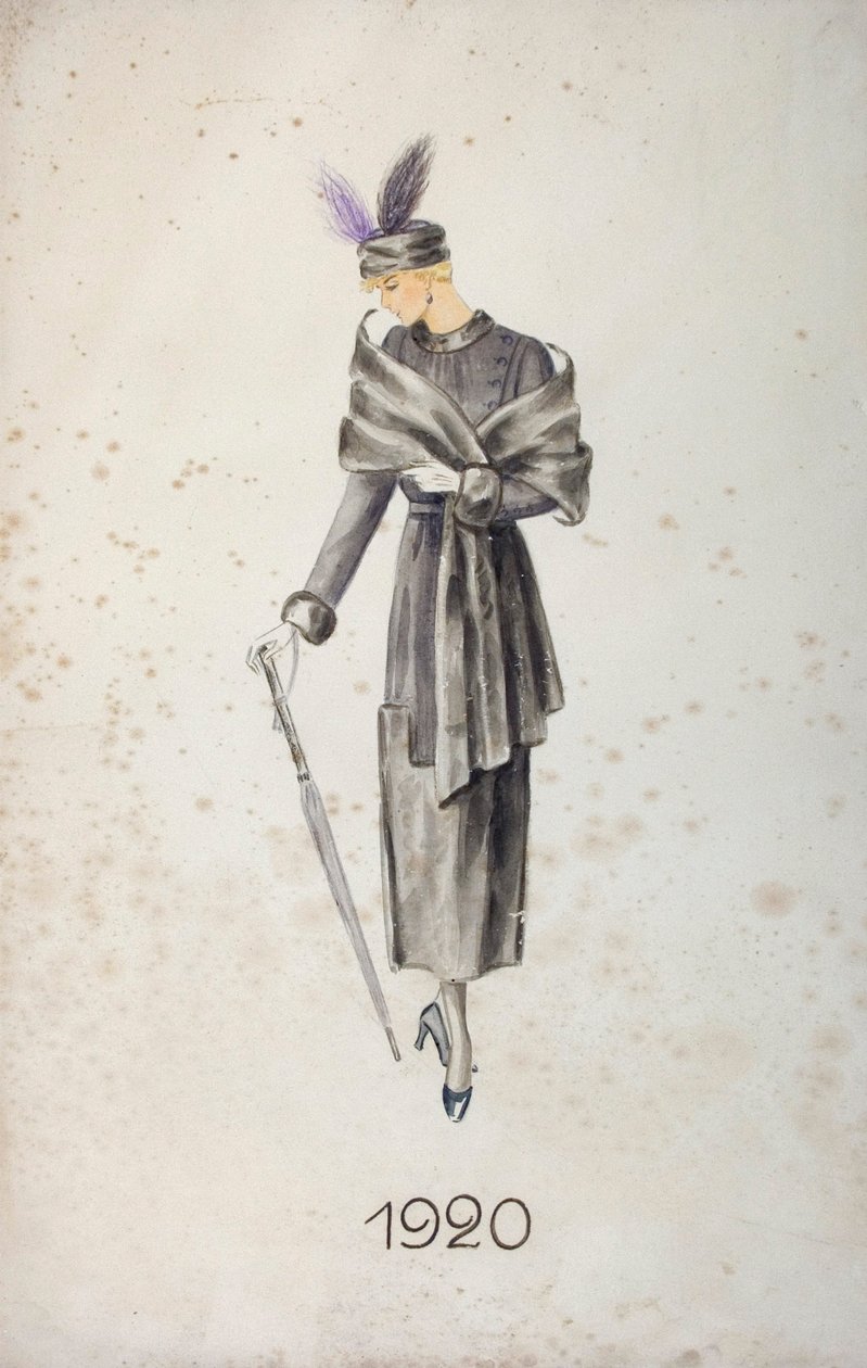 Modell klädd i kappa och hatt med fjädrar, bärande ett paraply, 1920 av Unknown