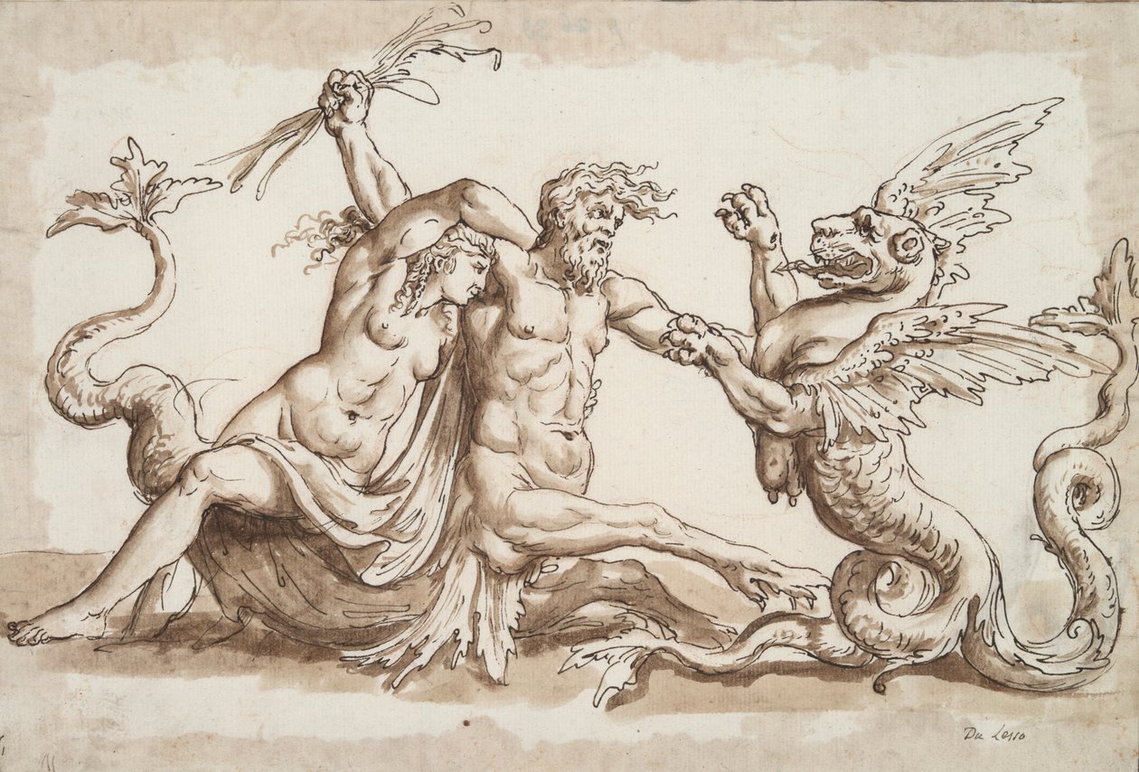 Nereid och Triton slåss mot en Griffon av Unknown