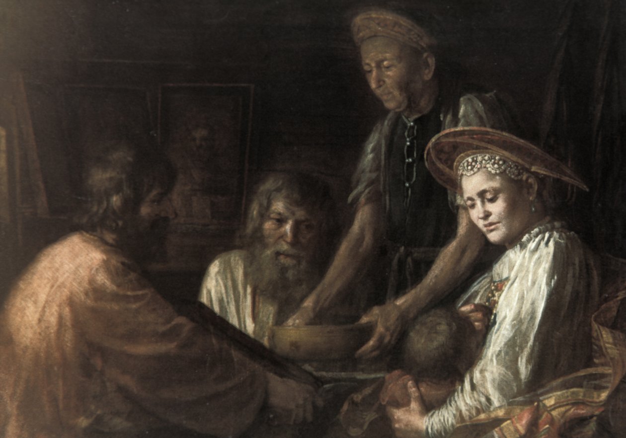 Bønder spiser middag et maleri af Mikhail Shibanov, 1774. swed av Unknown
