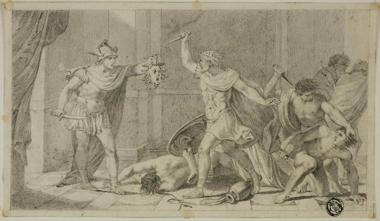 Perseus konfronterar Phineas och hans anhängare med huvudet av Medusa av Unknown
