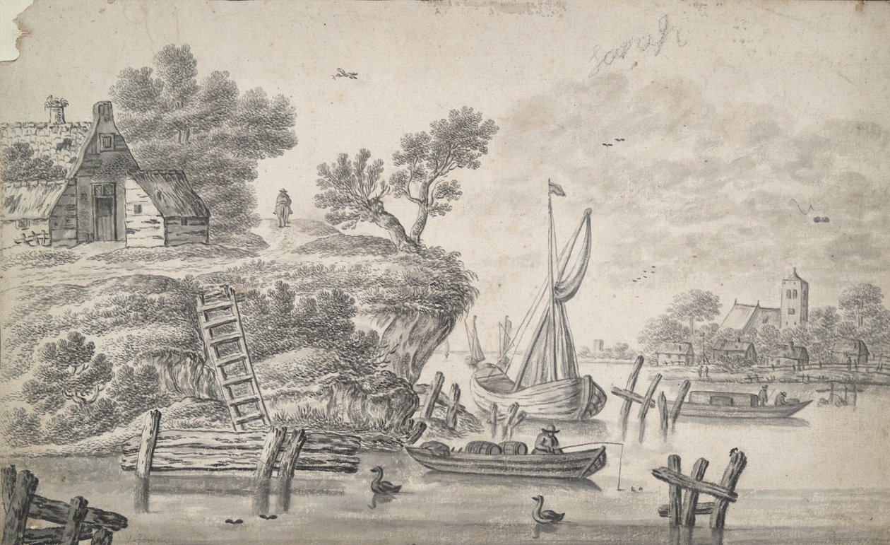 Flodlandskap med hög vall till vänster av Unknown