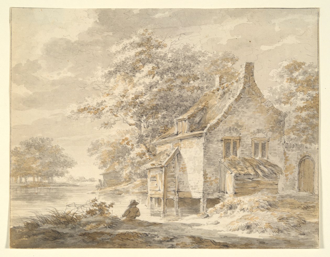 Flodlandskap med hus av Unknown