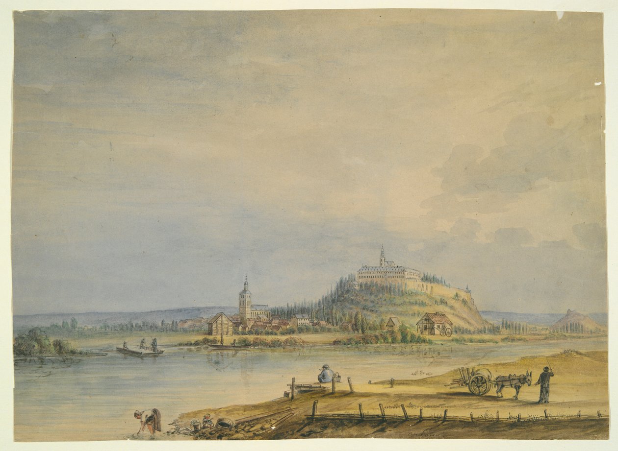 Flodscen med stad, slott på kullen och arbetande bönder av Unknown