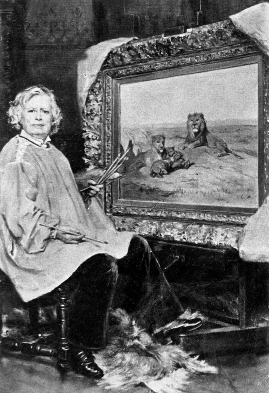 Rosa Bonheur (1822-1899) Fransk naturmålare här framför en av hennes duk som föreställer lejon ca. 1875 av Unknown