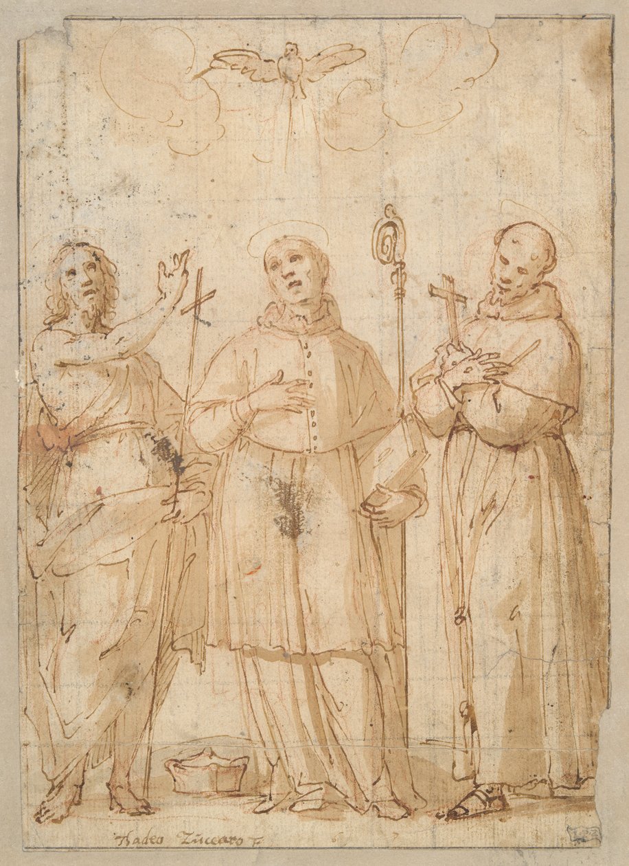 Saint John, Saint Charles Borromeo och Saint Francis under den helige Andes duva av Unknown