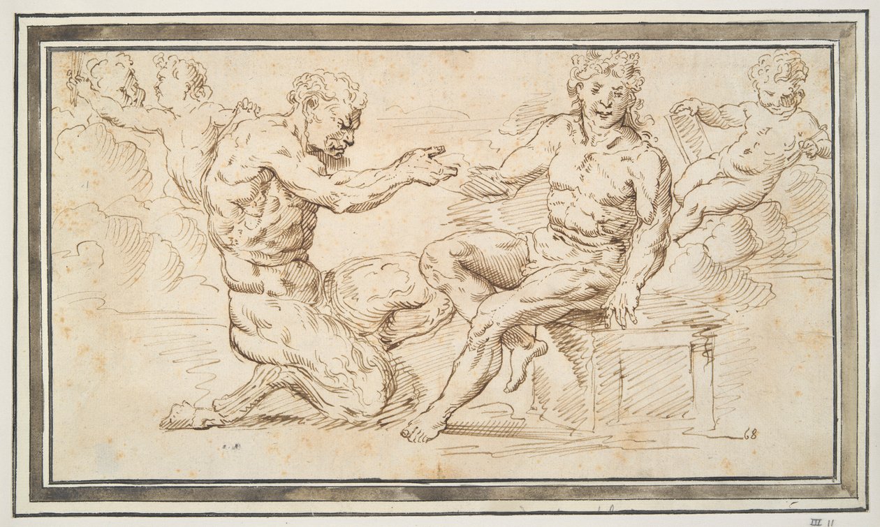 Satyr och ung man sitter med Putti av Unknown