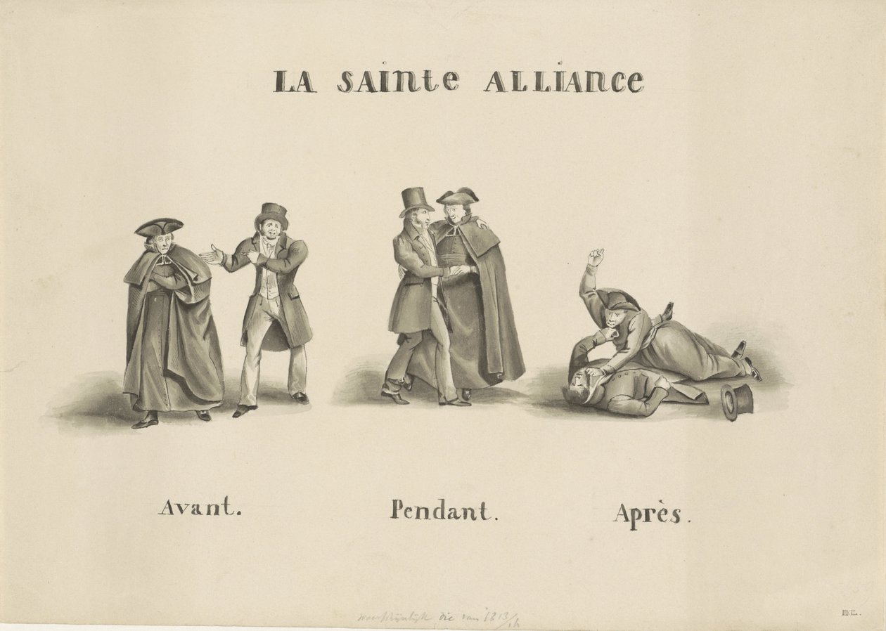 Tecknad serie om alliansen mellan det romersk-katolska partiet och det liberala partiet mot den holländska regeringen, 1828 La Sainte Alliance (titel på objekt) av Unknown