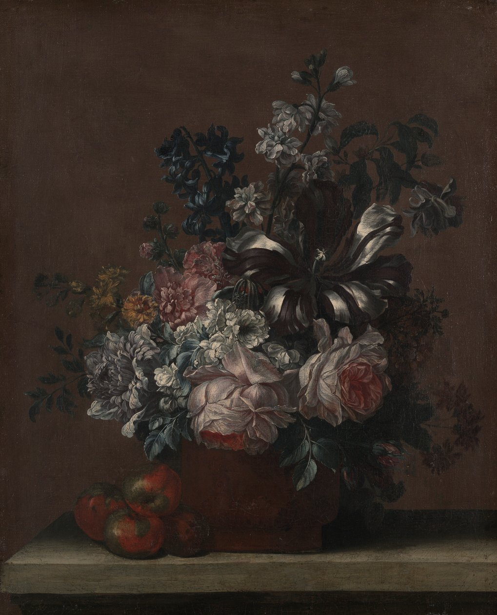 Stilleben med blommor och frukt (äpplen?) av Unknown
