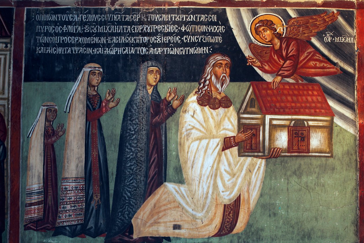 Den bysantinska fresken från 1400-talet Väggmålning Michael Archangel Church i Pedoulas Cypern Målade kyrkor UNESCO-plats Troodos, Cypern av Unknown