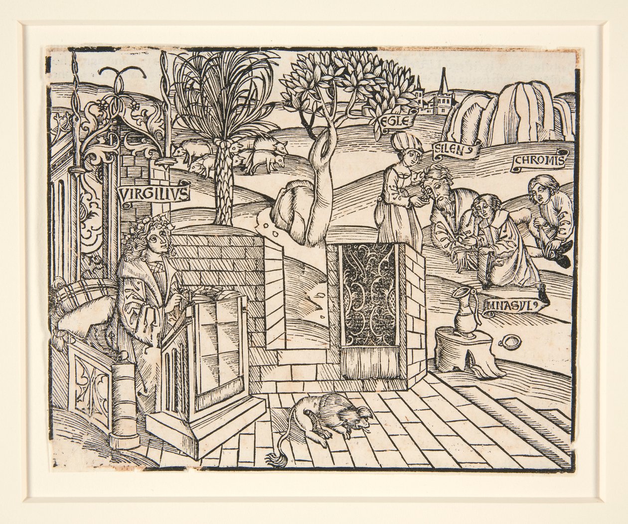 Herdarna Chromis och Mnasyle som binder upp den sovande silenusen. 1502. Från en illustrerad publikation av Vergilius av Unknown
