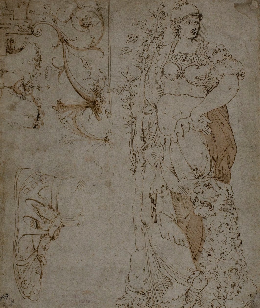 Tre skisser: Fortitude, en sandal och grotesker (recto); Skisser av grotesker och romersk kuirass (verso) av Unknown