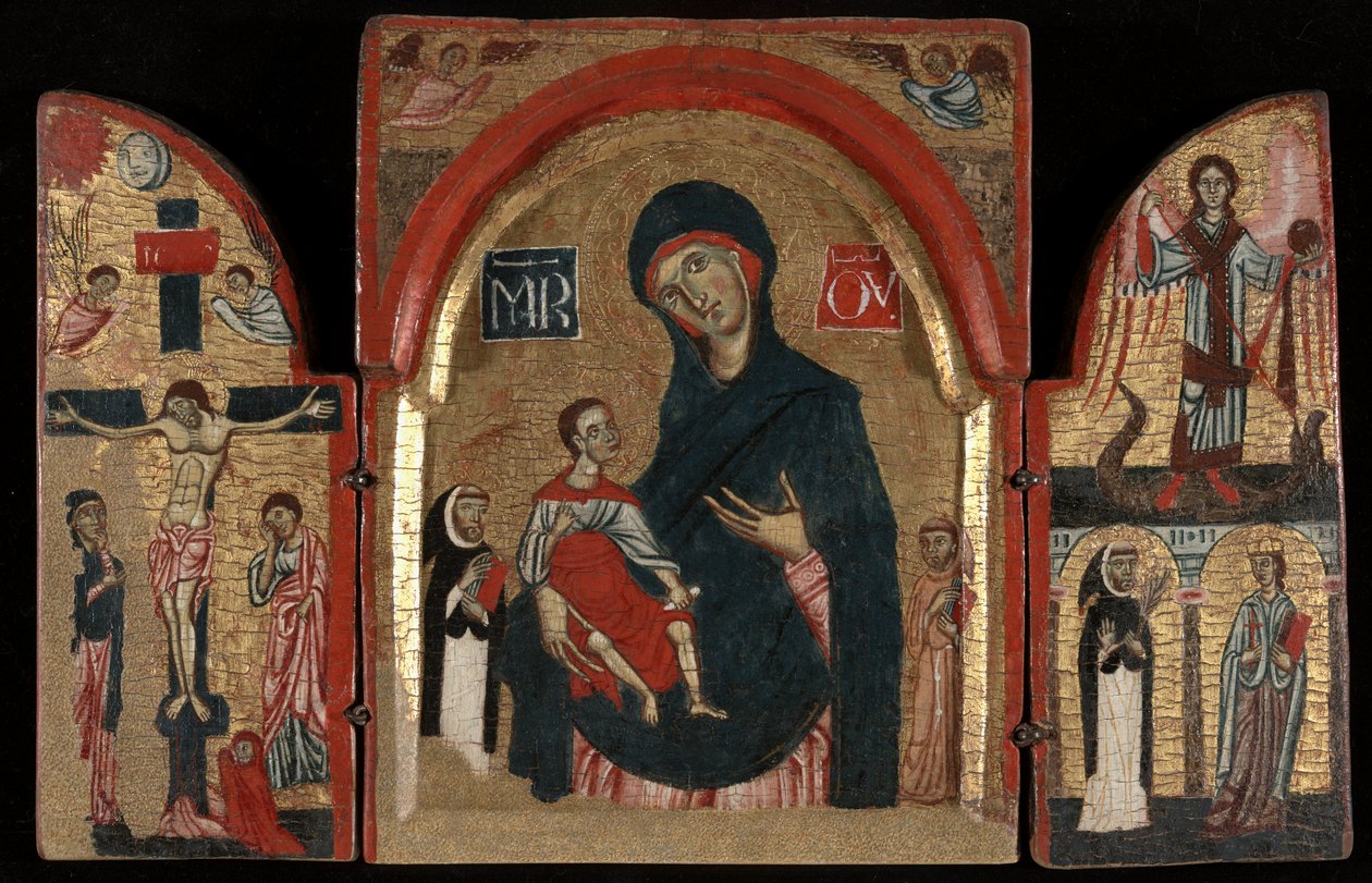 Triptyk: Jungfru och barn med heliga Dominic och Franciskus; Korsfästelsen; Saint Michael med Saints Peter Martyr och Catherine of Alexandria av Unknown