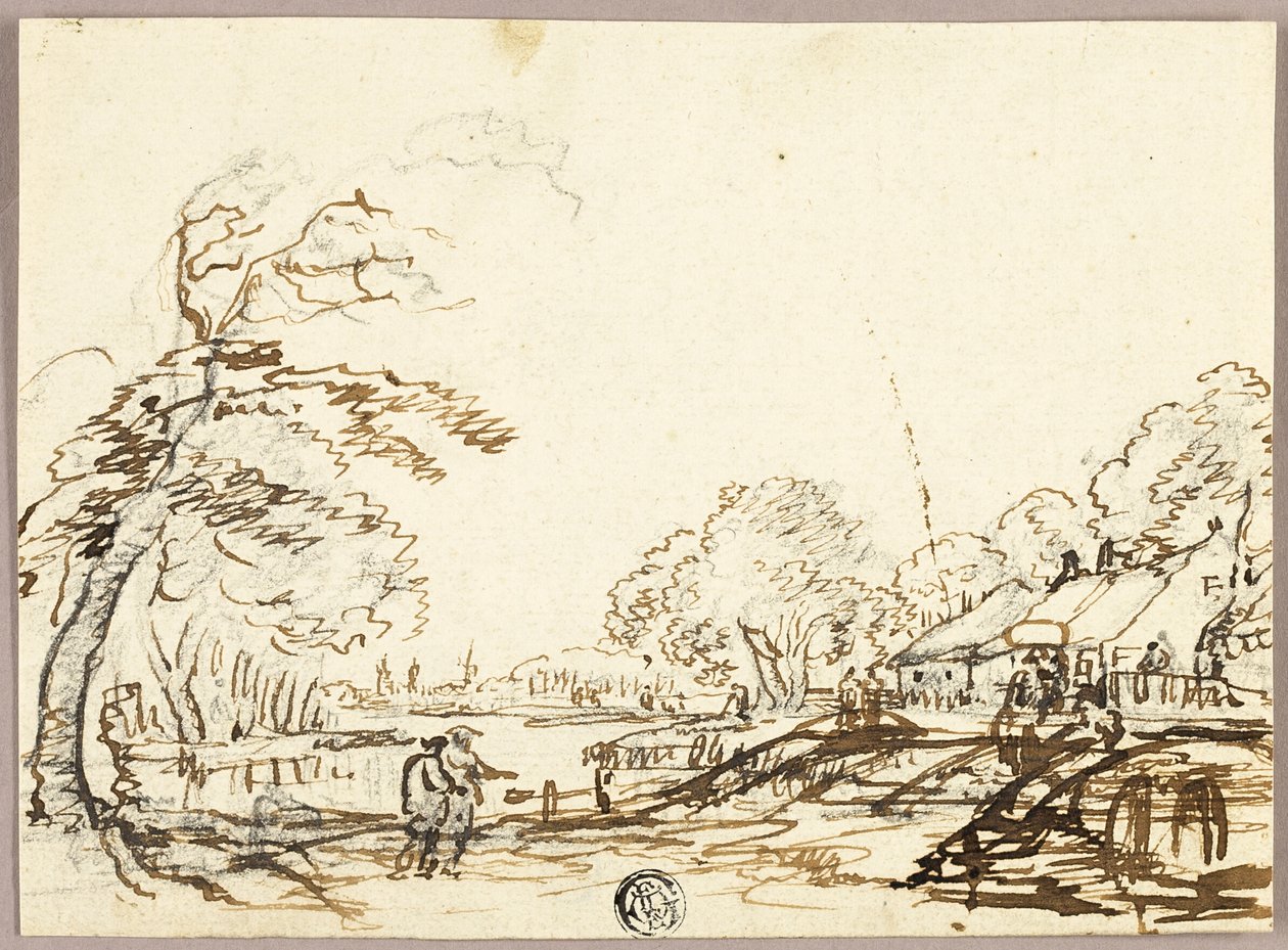 Två figurer längs floden nära broar och hus (recto); Två figurer på en bro som tittar på en man i en kista (verso) av Unknown