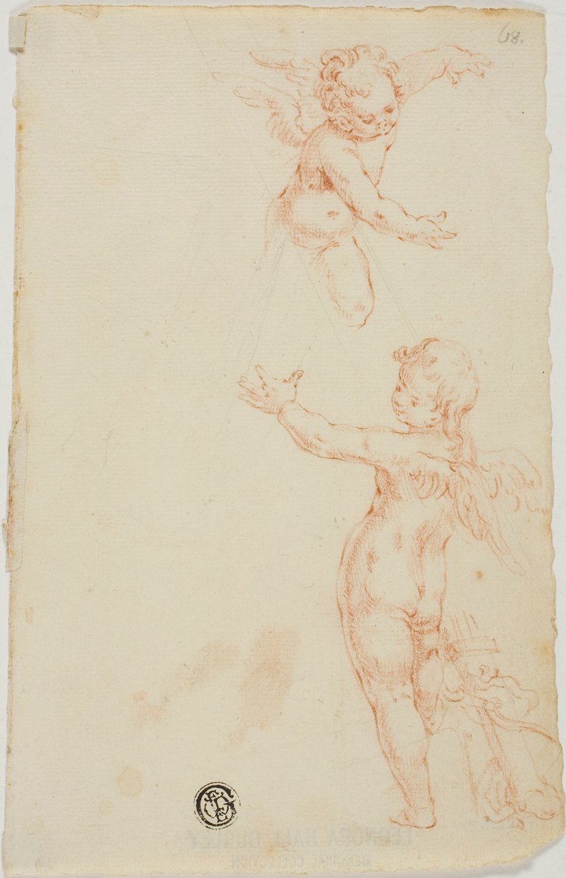 Två bevingade Putti, en flygande av Unknown