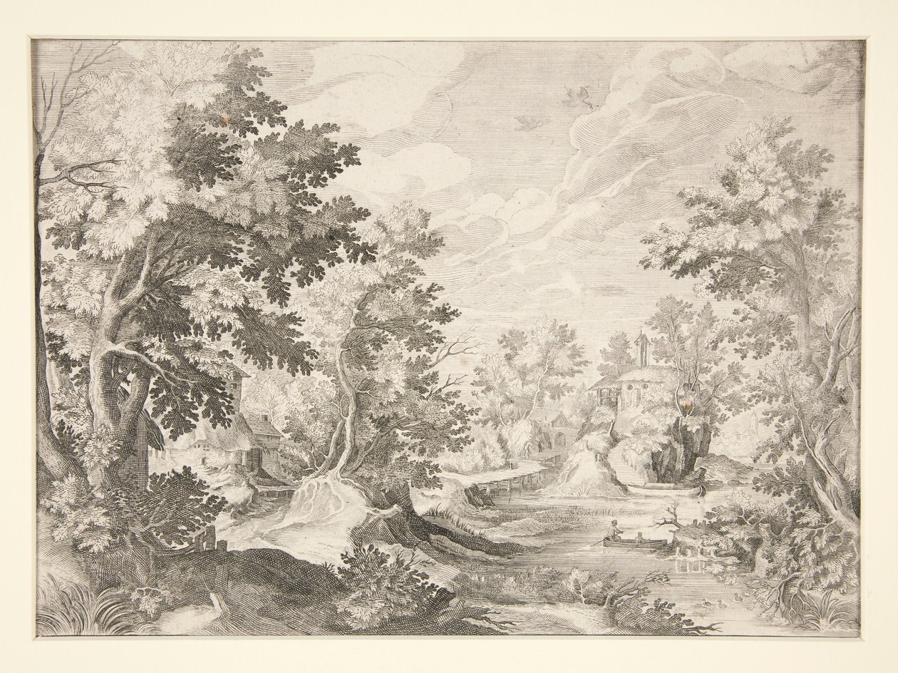 Utan titel (Landskap med figurer i båt i förgrunden) av Unknown