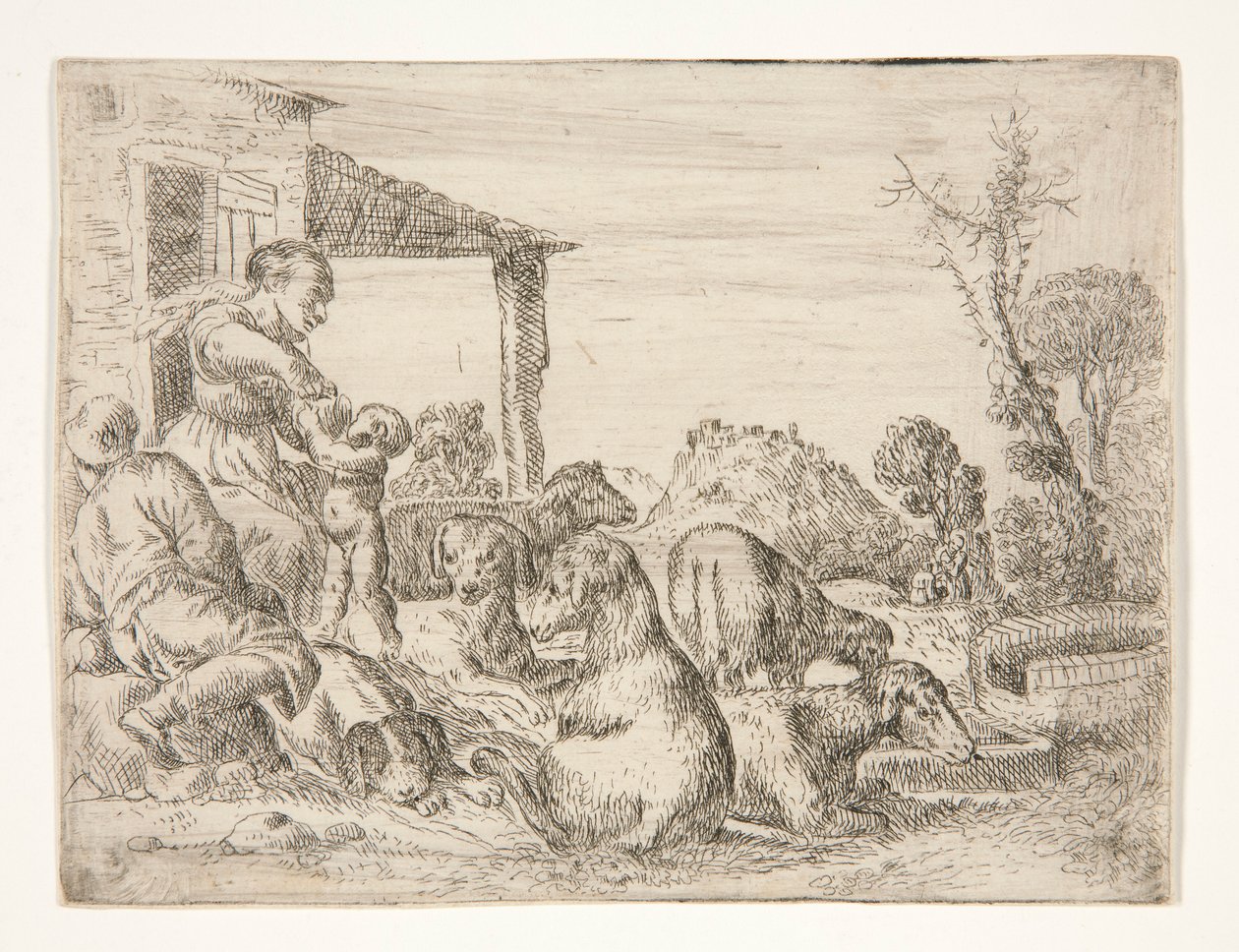 Untitled (Bondfamilj med hundar och lamm i ett landskap) av Unknown