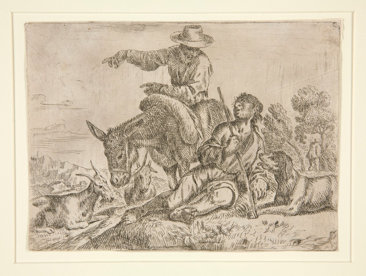 Untitled [Man on Donkey Conversing with Shepherd] av Unknown