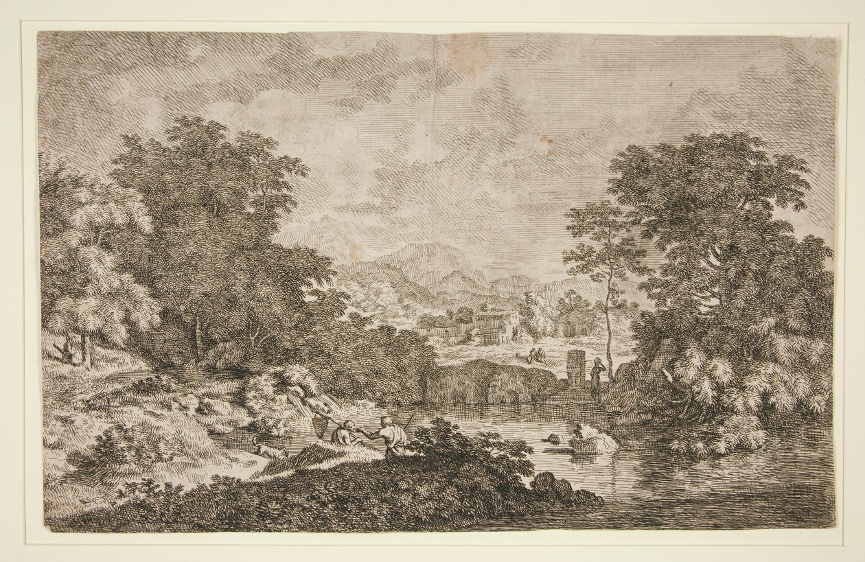 Untitled [Pastoral scen - bergigt landskap nära vatten och fem figurer] av Unknown
