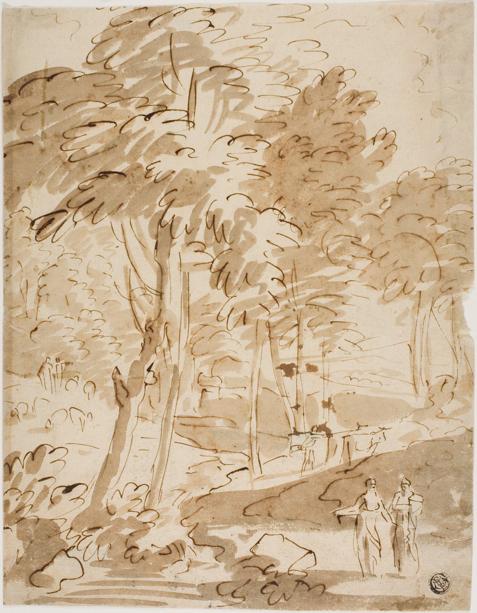 Skogsklädd landskapsbild med figurer och djur av Unknown