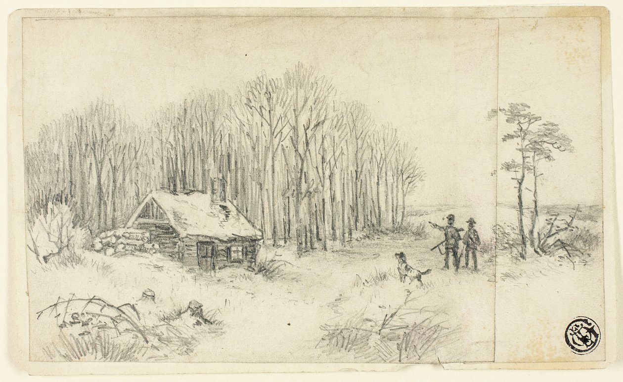 Woodland Hut, med jägare som närmar sig av Unknown