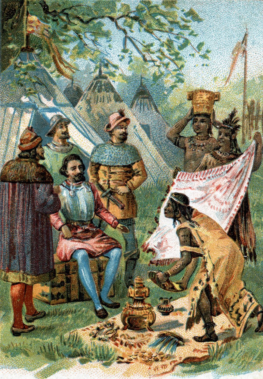 1518 - 1519: Fernand Cortez lämnade för erövringen av Mexiko tar emot presenterna av kejsar Montezuma. av Unknown artist