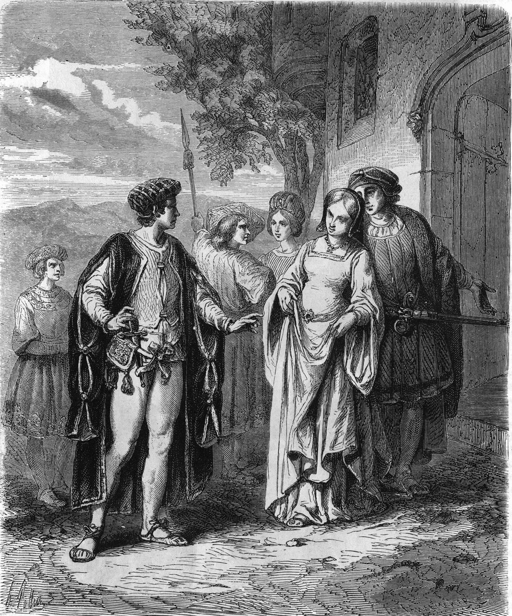 1400-talsdräkter. 1800-talsgravyr. av Unknown artist