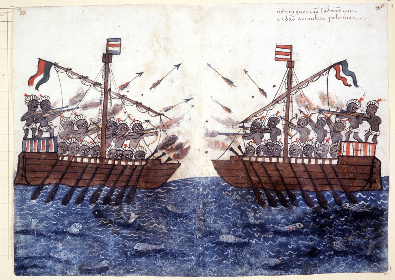 1500-talsgravyr som skildrar mötet med ett piratskepp i Indiska oceanen. Rom biblioteca Casantense. av Unknown artist