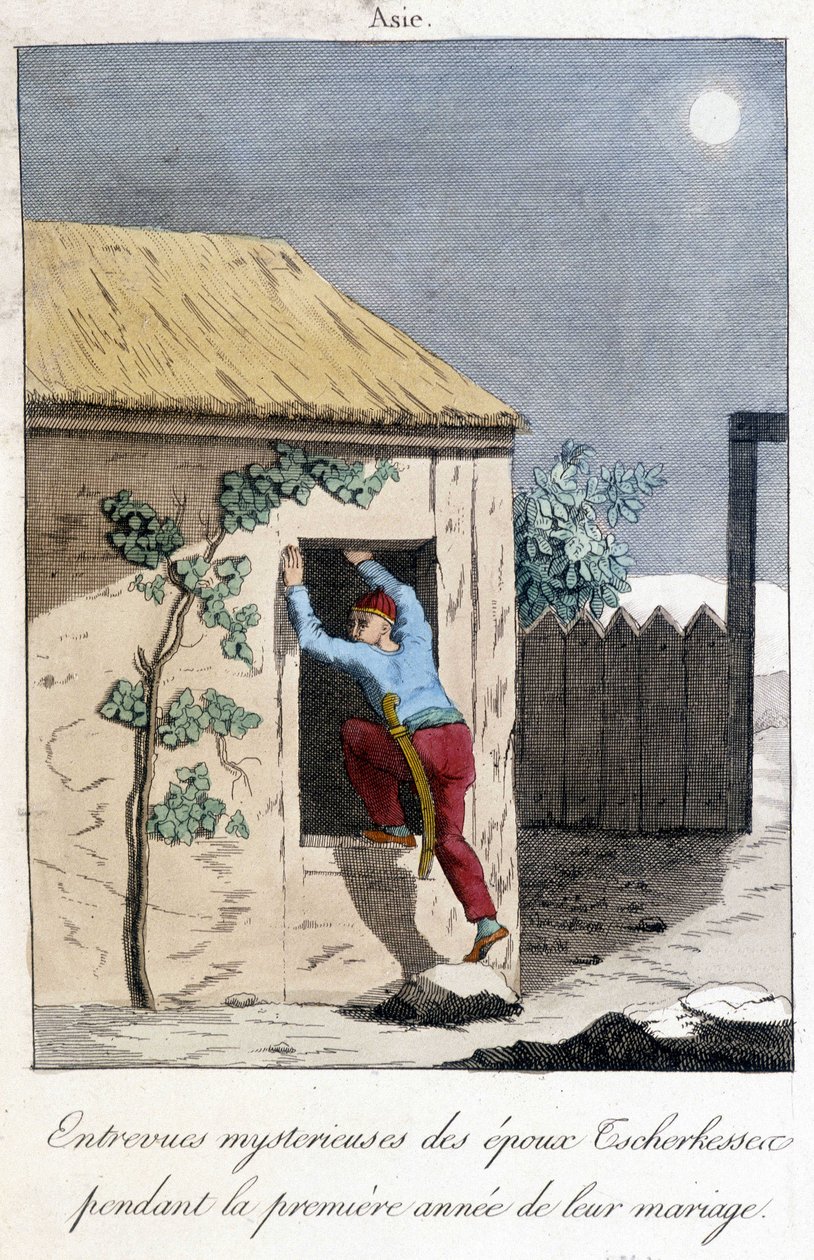 1811 diagram som illustrerar de mystiska intervjuerna av Tscherkessens makar under det första året av deras äktenskap (Asien). av Unknown artist