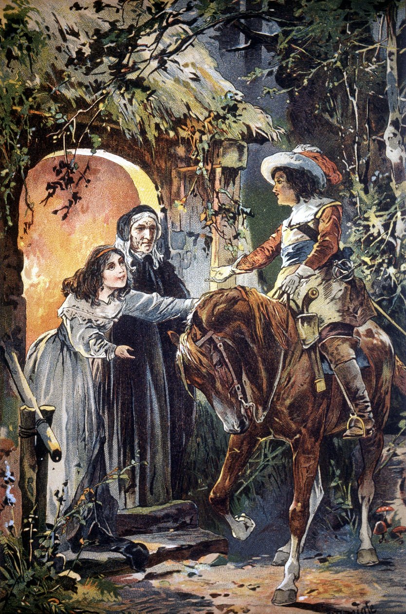 1800-talsillustration som visar ett avsnitt av en barnfabel: en riddare som besöker en ung flicka och hennes mormor. Gravyr. av Unknown artist