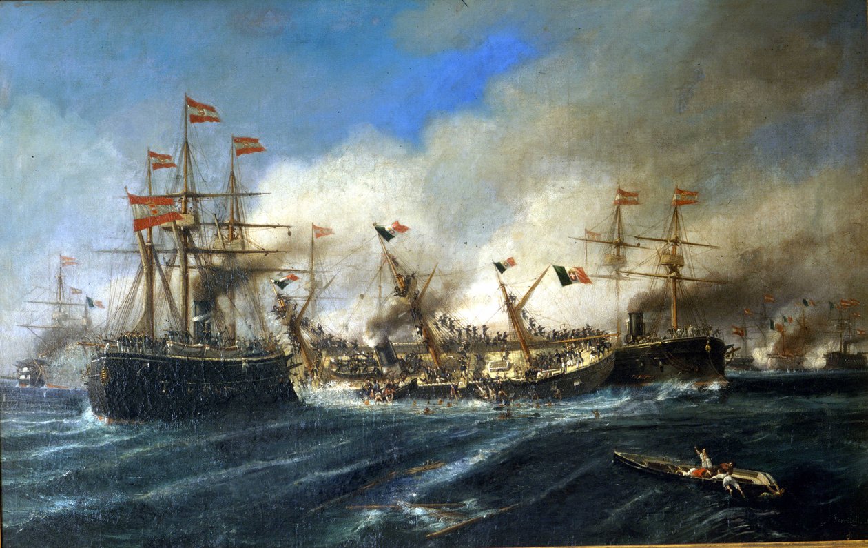 1866-07-20: Slaget vid Lissa utanför Dalmatien: österrikarna förstör den italienska flottan. av Unknown artist