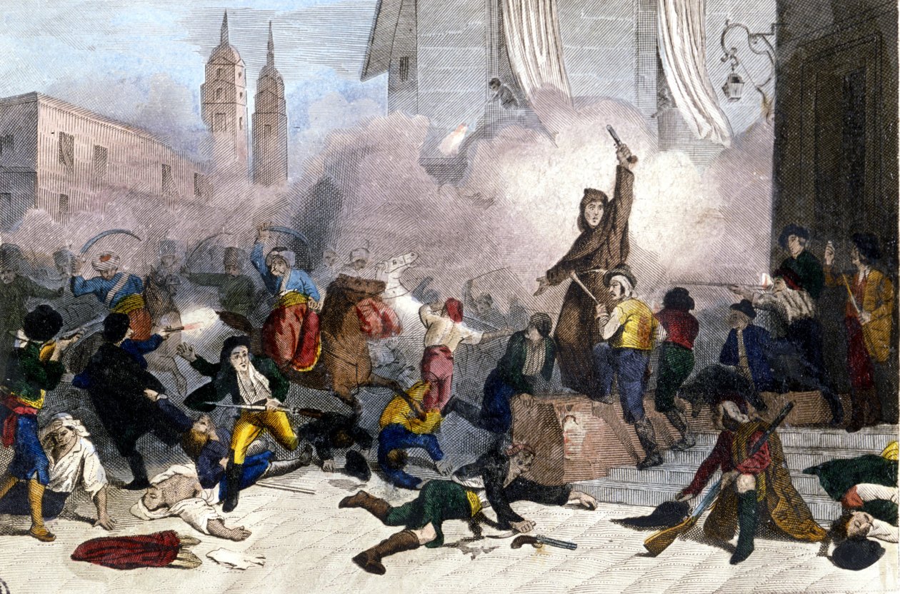 1808-02-05: Madriduppror mot det franska övertagandet av Spanien. Gravyr av 1800-talet av Unknown artist