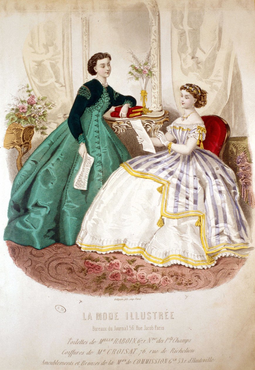 2 kvinnor som läser: Miss Raboins toalett och M. Croisats frisyrer - i "La Mode illustrated"" av Unknown artist