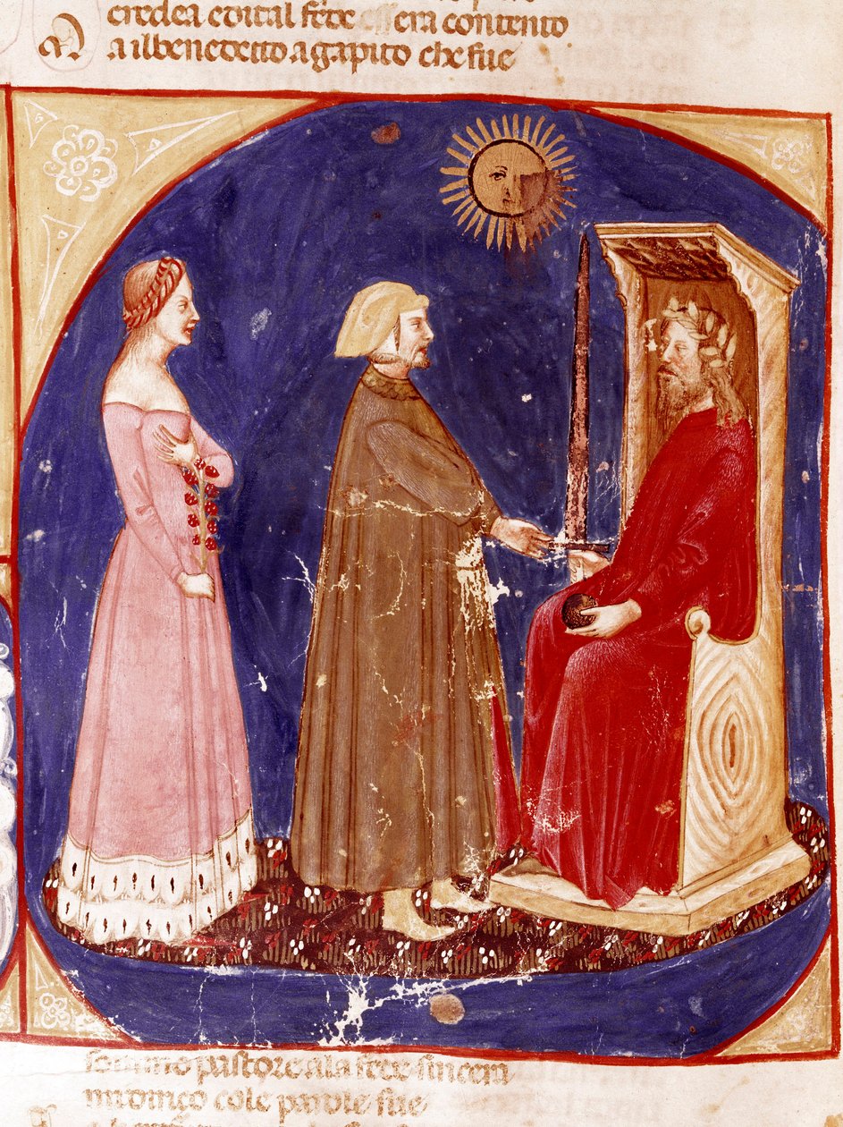 2:a himlen: Dante och Beatrice möter den romerske kejsaren Justinianus i paradisets 1:a himmel. Upplyst sida som illustrerar en sång om Paradiset från "Divina Commedia" av Dante Alighieri (1265-1321). 1300-talet, Venedig, Biblioteca Marciana av Unknown artist