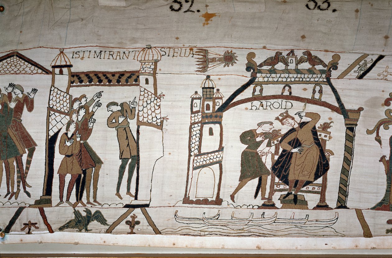32: Kometens utseende; 33: En budbärare varnar kung Harold II (1022 - 1066) - Bayeux gobeläng, känd som Broderi av drottning Mathilde av Unknown artist