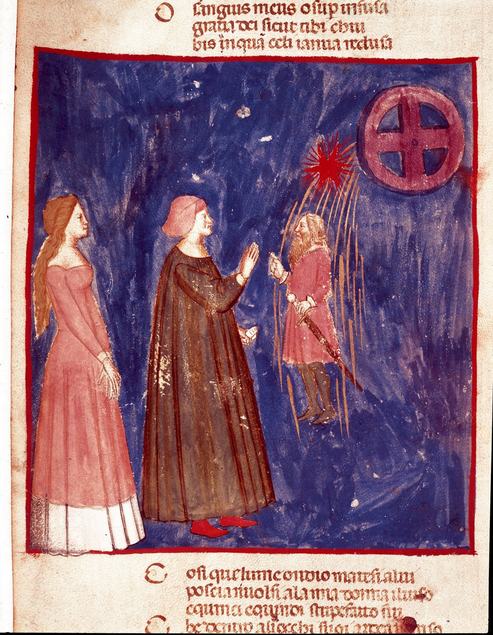 5:e himlen: Dante och Beatrice möter Lord Cacciaguida i den himmelska sfären av kämparnas själar. Upplyst sida som illustrerar en sång om Paradiset från "Divina Commedia" av Dante Alighieri (1265-1321). 1300-talet, Venedig, Biblioteca Marciana av Unknown artist
