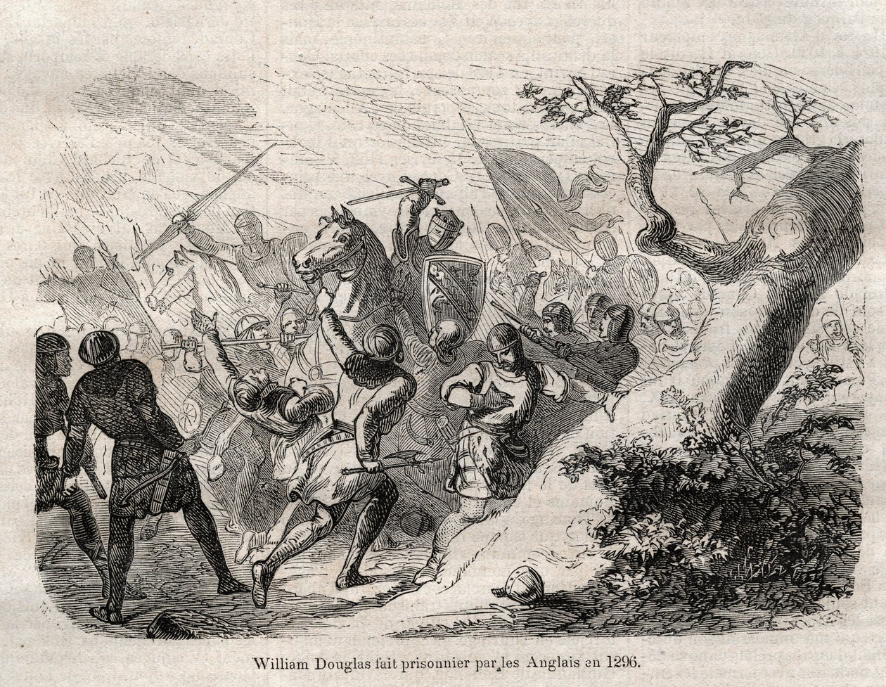ARRESTERING AV Sir William Douglas "" the Hardi"" (den djärva), Lord of Douglas (1243 - 1298) en 1296 - gravyr i "" Dictionnaire populaire illustrious" - 1864 - av Joseph Decembre och Edmond Allonier - av Unknown artist
