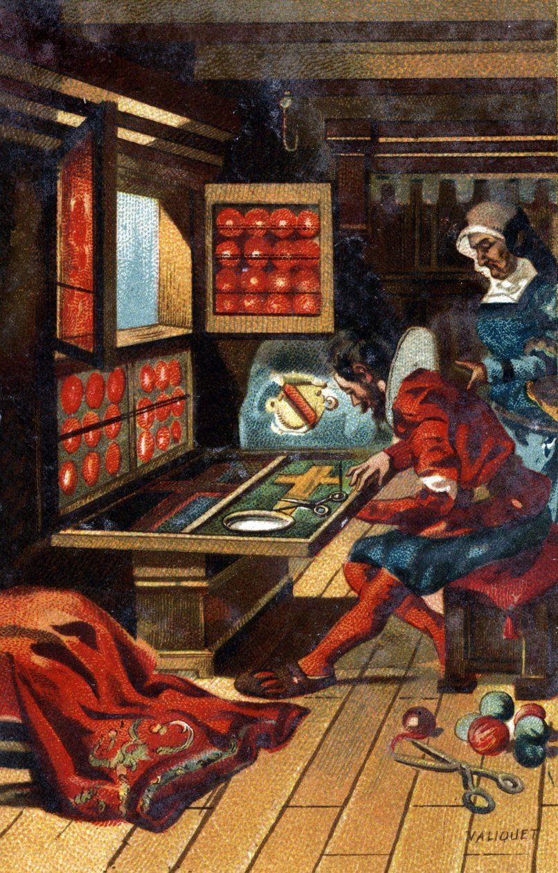 En Chasublier (en arbetare som tillverkar alla slags kyrkokläder) 1546. Kromolitografi från slutet av 1800-talet. av Unknown artist