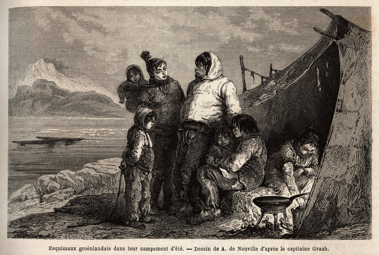 En grönländsk inuitfamilj i sitt sommarskinnsläger. Gravyr för att illustrera resan till den arktiska polens fria hav, av doktor Hayes, kirurg vid den amerikanska flottan, 1860-1862, publicerad i "Le tour du monde, nouveau journal des voyages", redigera av Unknown artist