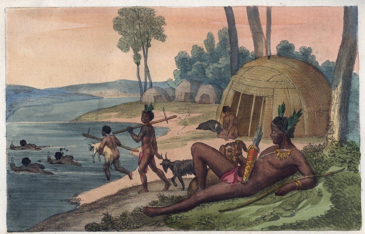 En Korah Hottentot-by på den vänstra stranden av Orange River - gravyr från "" seder och traditioner för alla folk i universum. Det är historien om regeringen, om lagarna, om milisen, om religionen för alla nationer från de mest avlägsna tider upp till dag av Unknown artist